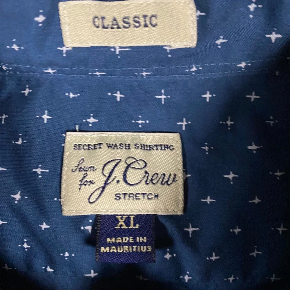 J.Crew Mens Secret Wash Stretch Classic Fit Shirt Navy Blue Geometric H4721 XL